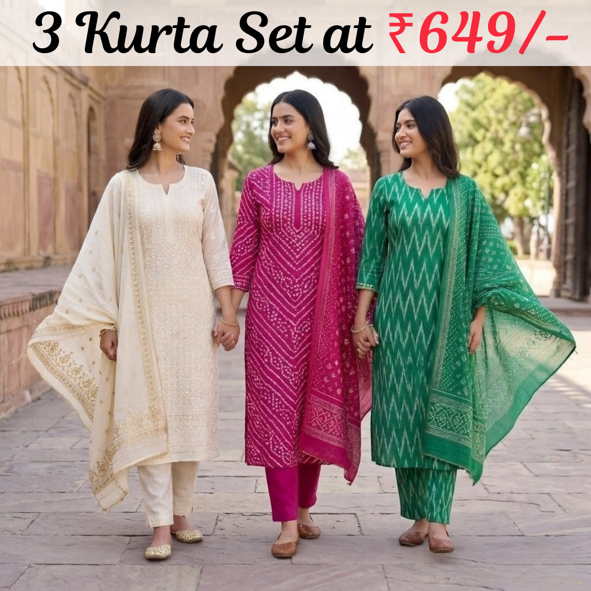 Pack of 3 Women’s Designer Kurta Sets – Ethnic Kurta Pant Dupatta Set for Women (P3K-13)