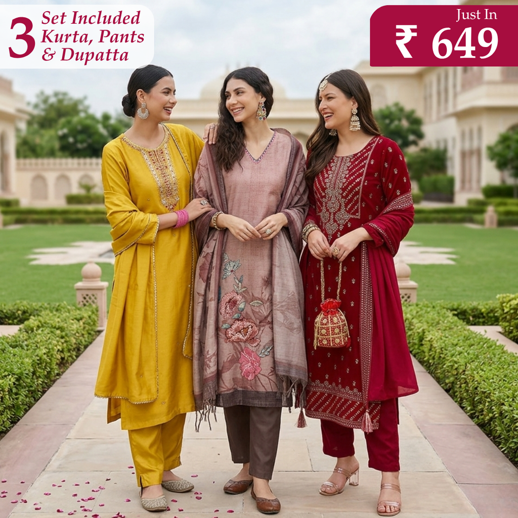 Pack of 3 Elegant Kurta Pants & Dupatta Set (E-02)