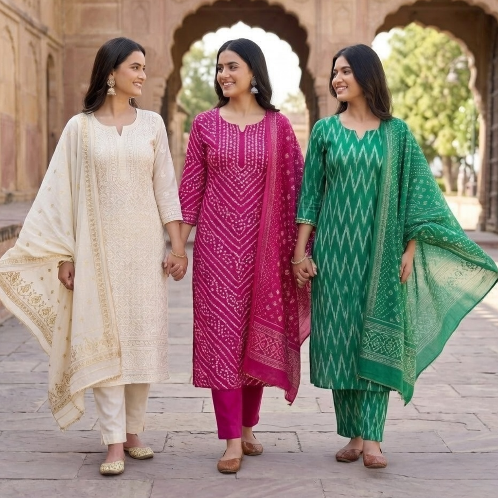 Pack of 3 Women’s Designer Kurta Sets – Ethnic Kurta Pant Dupatta Set for Women (P3K-13)