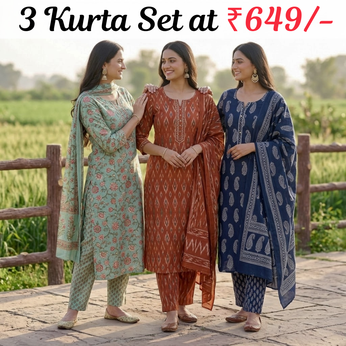 Pack of 3 Women’s Designer Kurta Sets – Ethnic Kurta Pant Dupatta Set for Women (P3K-14)