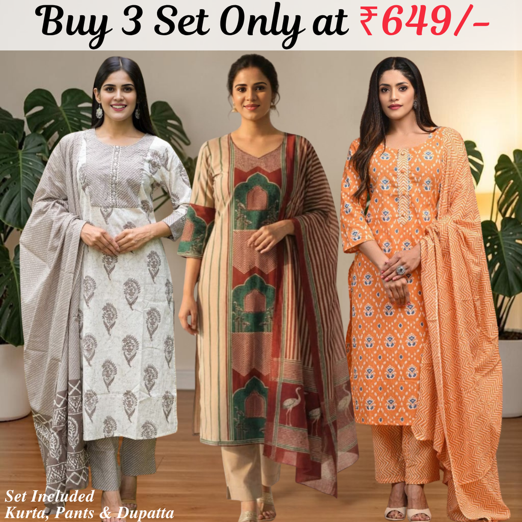 Pack of 3 Kurta Pant Set with Dupatta (DMK-3)