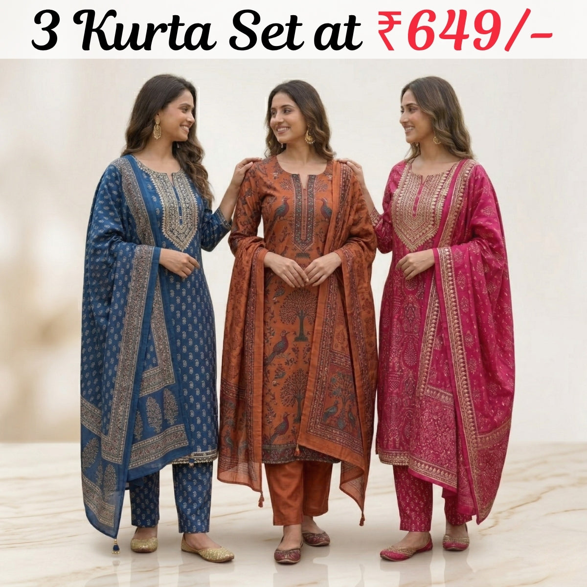 Pack of 3 Women’s Designer Kurta Sets – Ethnic Kurta Pant Dupatta Set for Women (P3K-2)