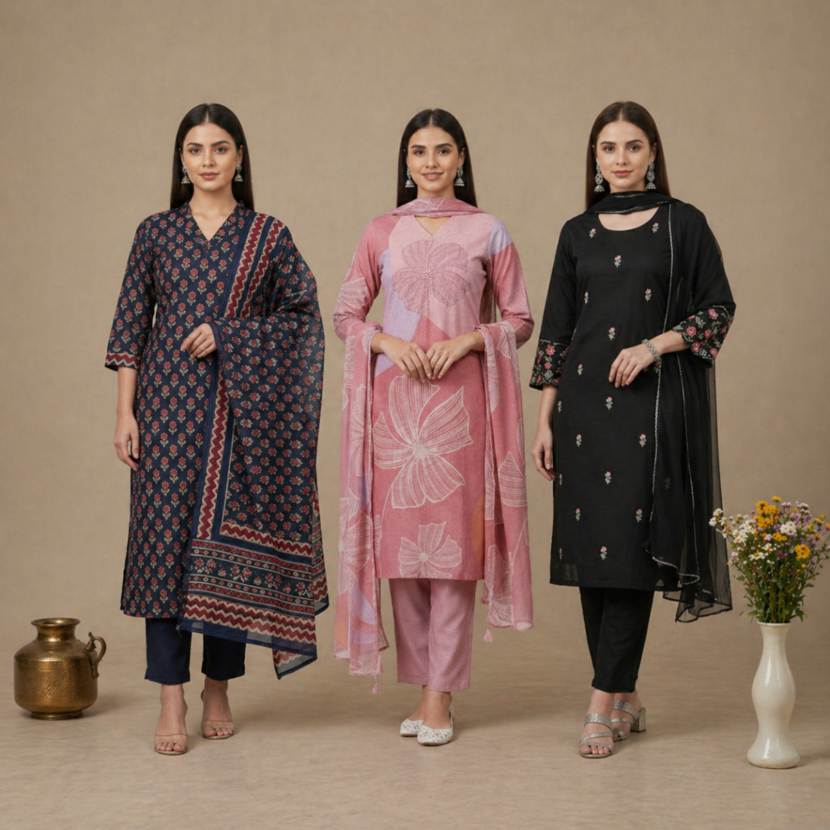 Pack Of 3 Cotton Elegant Ethnic Kurta Set with Dupatta for Women (CK-02)
