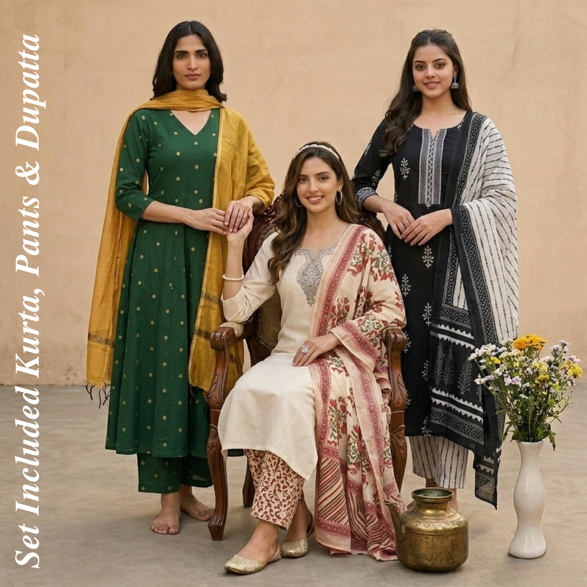 Pack of 3 Kurta Pant Set with Dupatta (DMK-10)