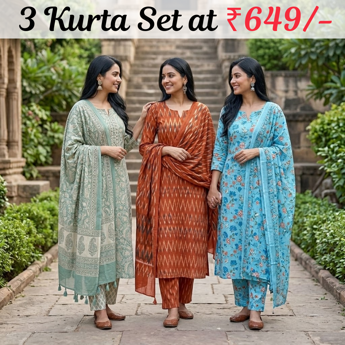Pack of 3 Women’s Designer Kurta Sets – Ethnic Kurta Pant Dupatta Set for Women (P3K-17)