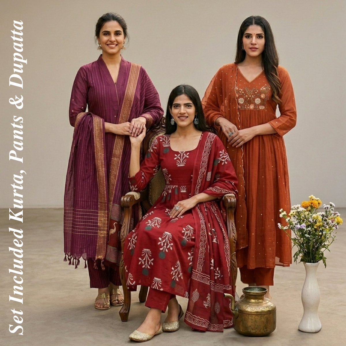 Pack of 3 Kurta Pant Set with Dupatta (DMK-2)