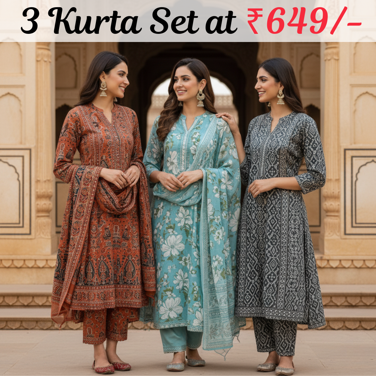 Pack of 3 Women’s Designer Kurta Sets – Ethnic Kurta Pant Dupatta Set for Women (P3K-20)