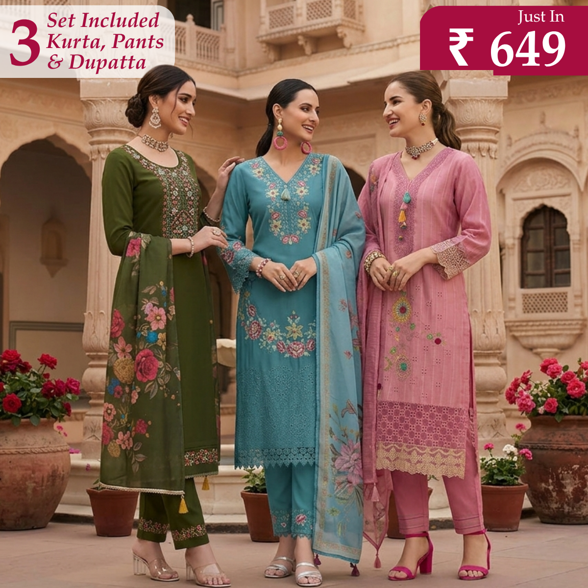 Pack of 3 Elegant Kurta Pants & Dupatta Set (E-03)