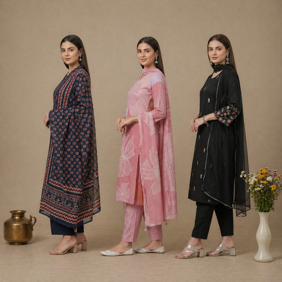 Pack Of 3 Cotton Elegant Ethnic Kurta Set with Dupatta for Women (CK-02)