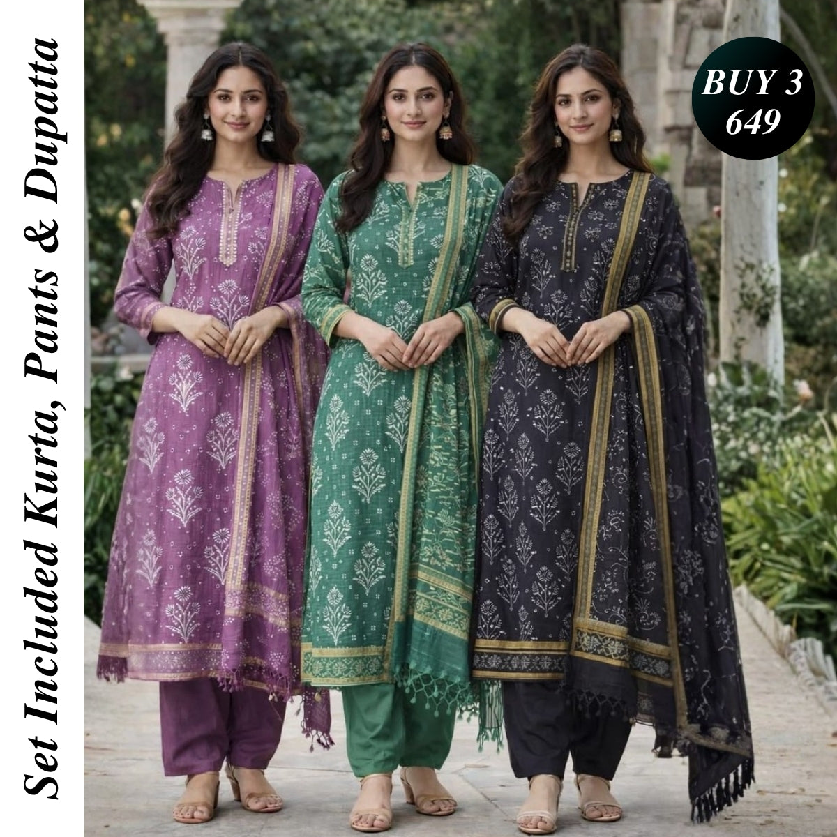 3 Combo Set Included Kurta, Pants & Dupatta with elegant prints | KS-04