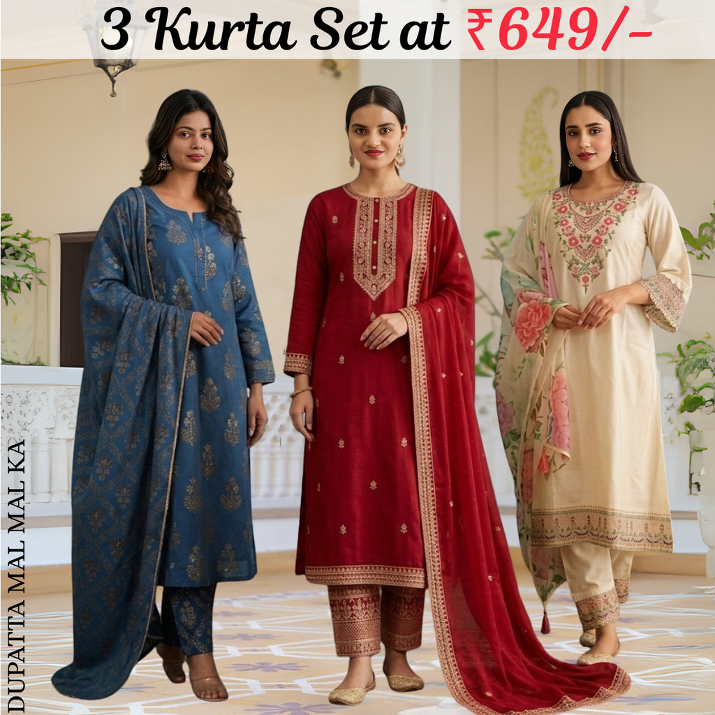 Pack Of 3 Kurta Sets Beautiful with dupatta Trendy Ethnic Wear  in One Deal (A-13)