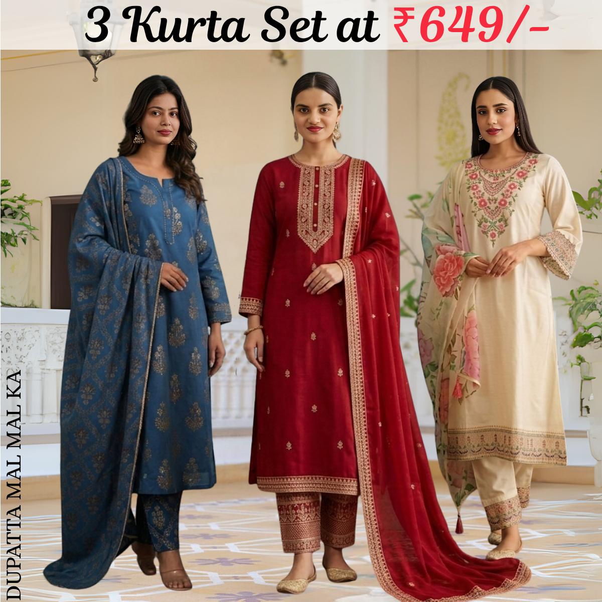 Pack Of 3 Kurta Sets Beautiful with dupatta Trendy Ethnic Wear  in One Deal (A-13)