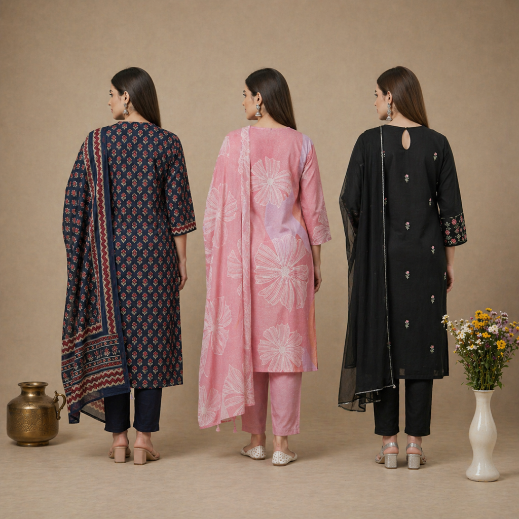 Pack Of 3 Cotton Elegant Ethnic Kurta Set with Dupatta for Women (CK-02)