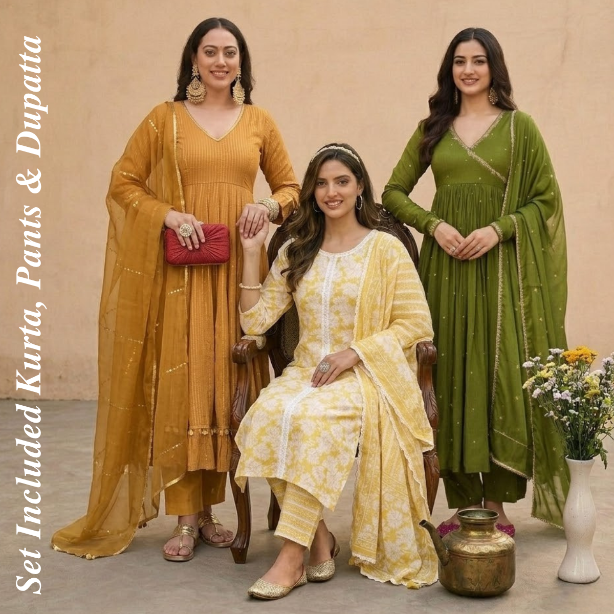 Pack of 3 Kurta Pant Set with Dupatta (DMK-1)