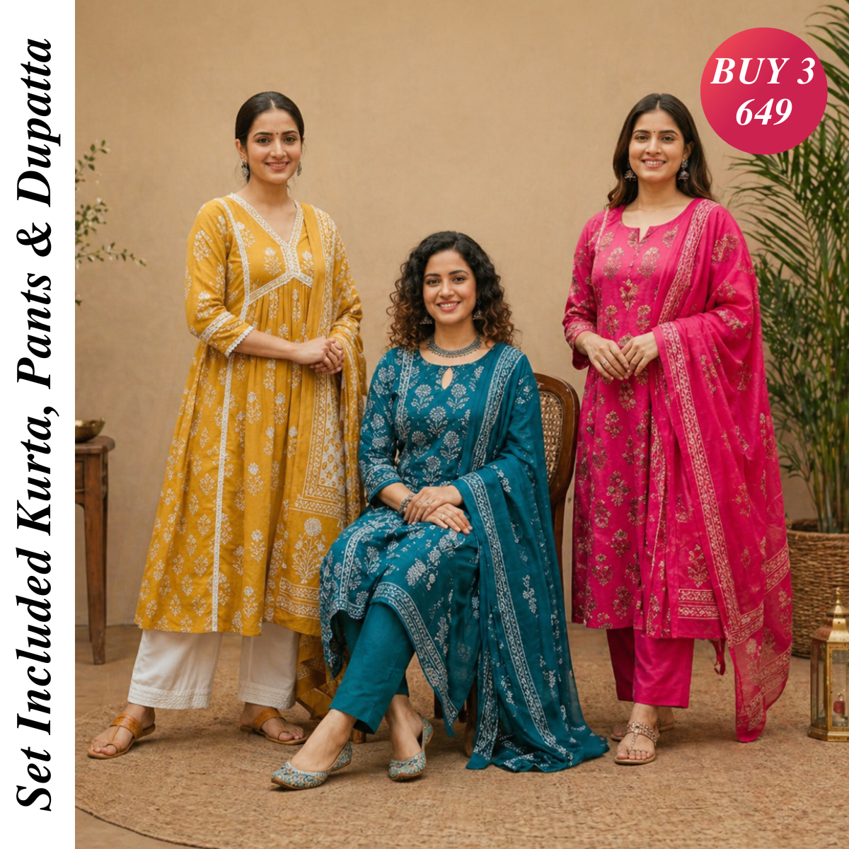 Pack Of 3 Cotton Elegant Ethnic Kurta Set with Dupatta for Women (CK-03)